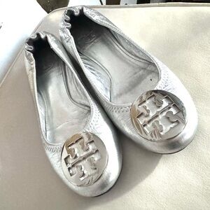 Silver Tory Burch Minnie Travel Flats
